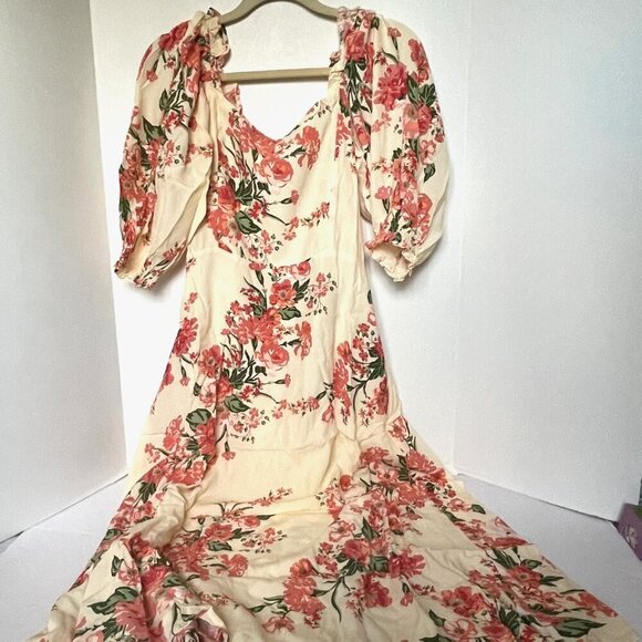 Faithfull The Brand Midi Dress Cream Pink Floral Short Puff Sleeve ALine Bronte - Picture 2 of 13
